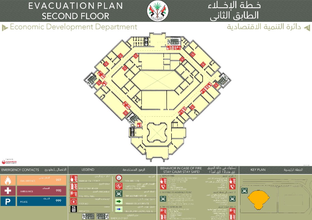 Second-floor plan — Civil Defence contacts and fire behaviour guidance