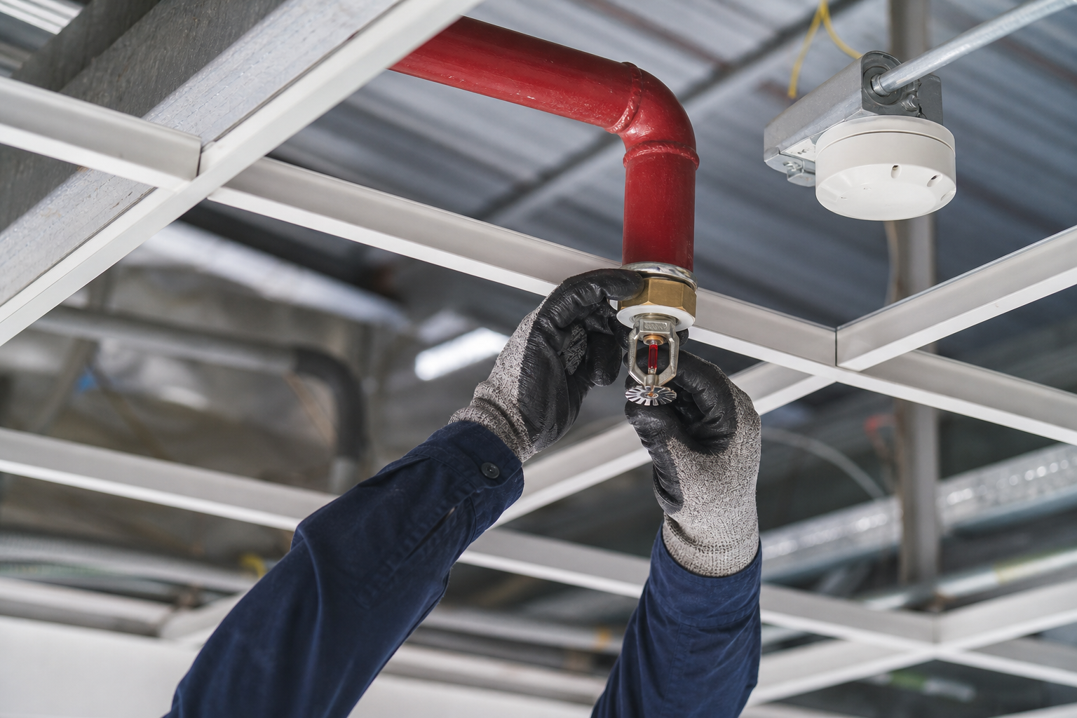 Sprinkler head and fire protection works during a commercial fitout